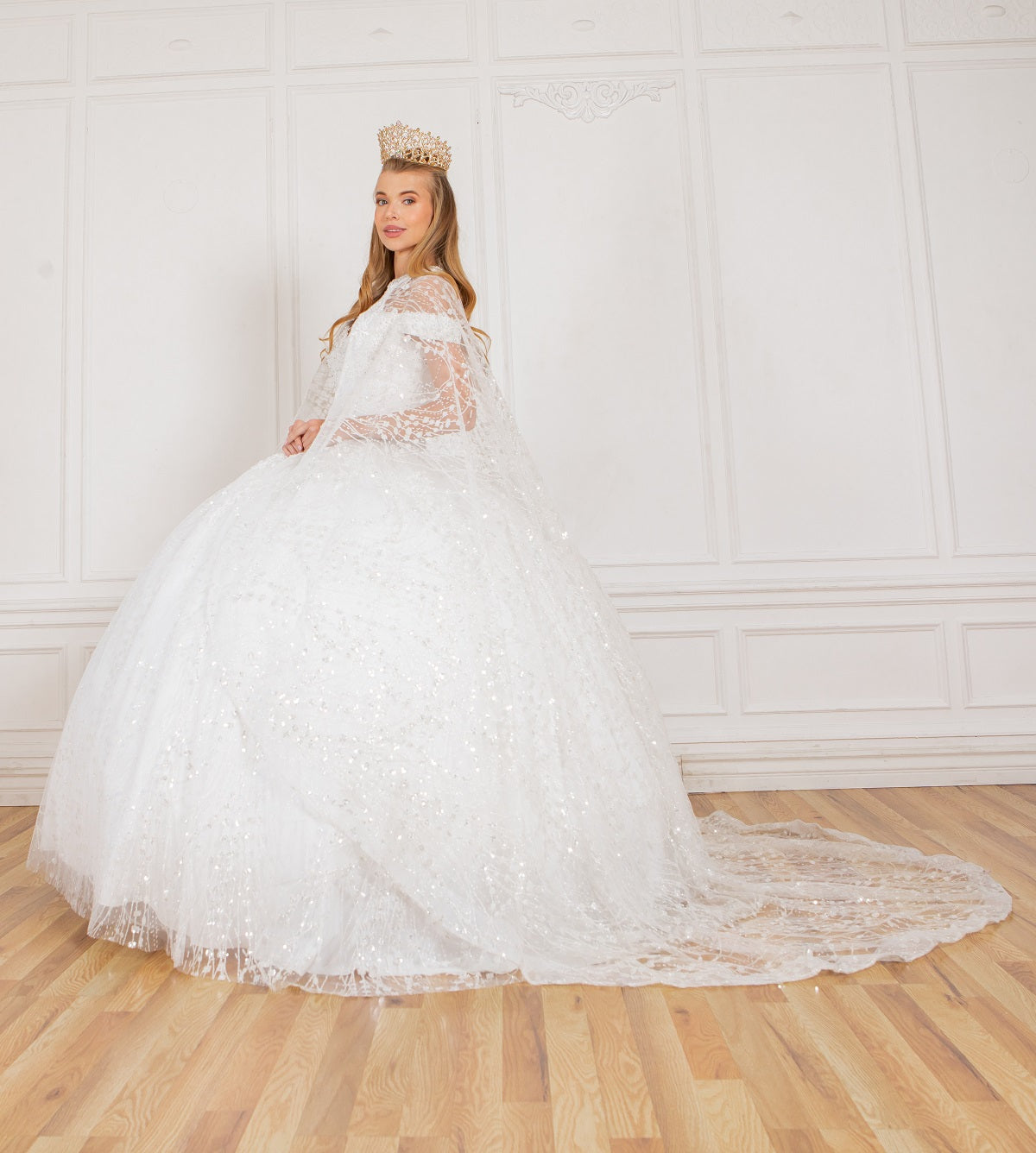 White glitter ball gown prom dresses