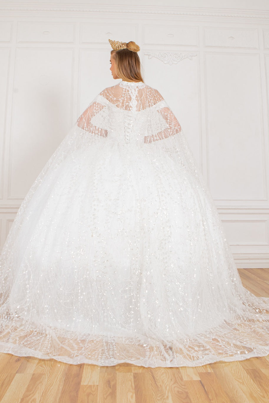 Back of white glitter ball gown prom dresses