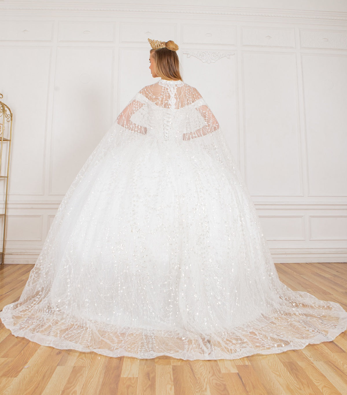 Back of white glitter ball gown prom dresses