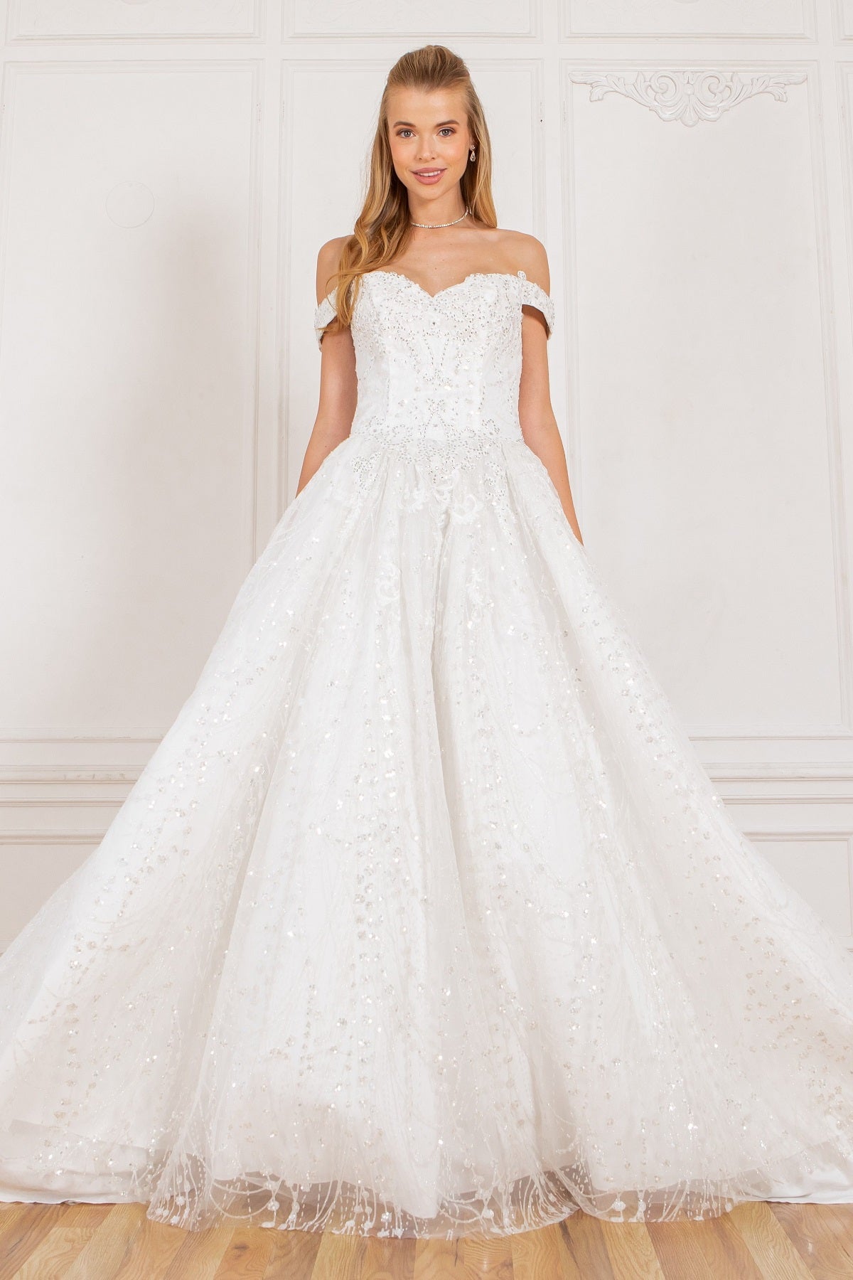 Rhinestone and glittered lacy off shoulder spaghetti back ball gown-smcdress