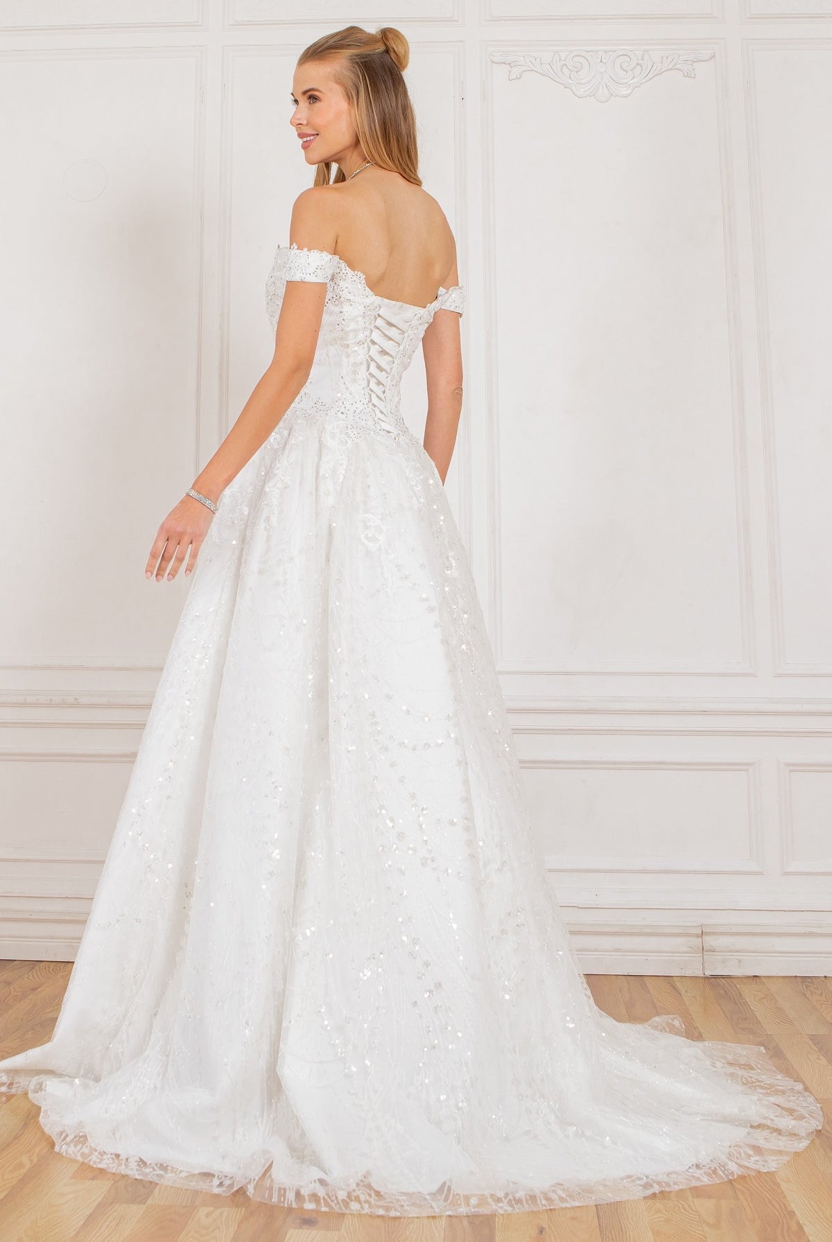 Rhinestone and glittered lacy off shoulder spaghetti back ball gown-smcdress