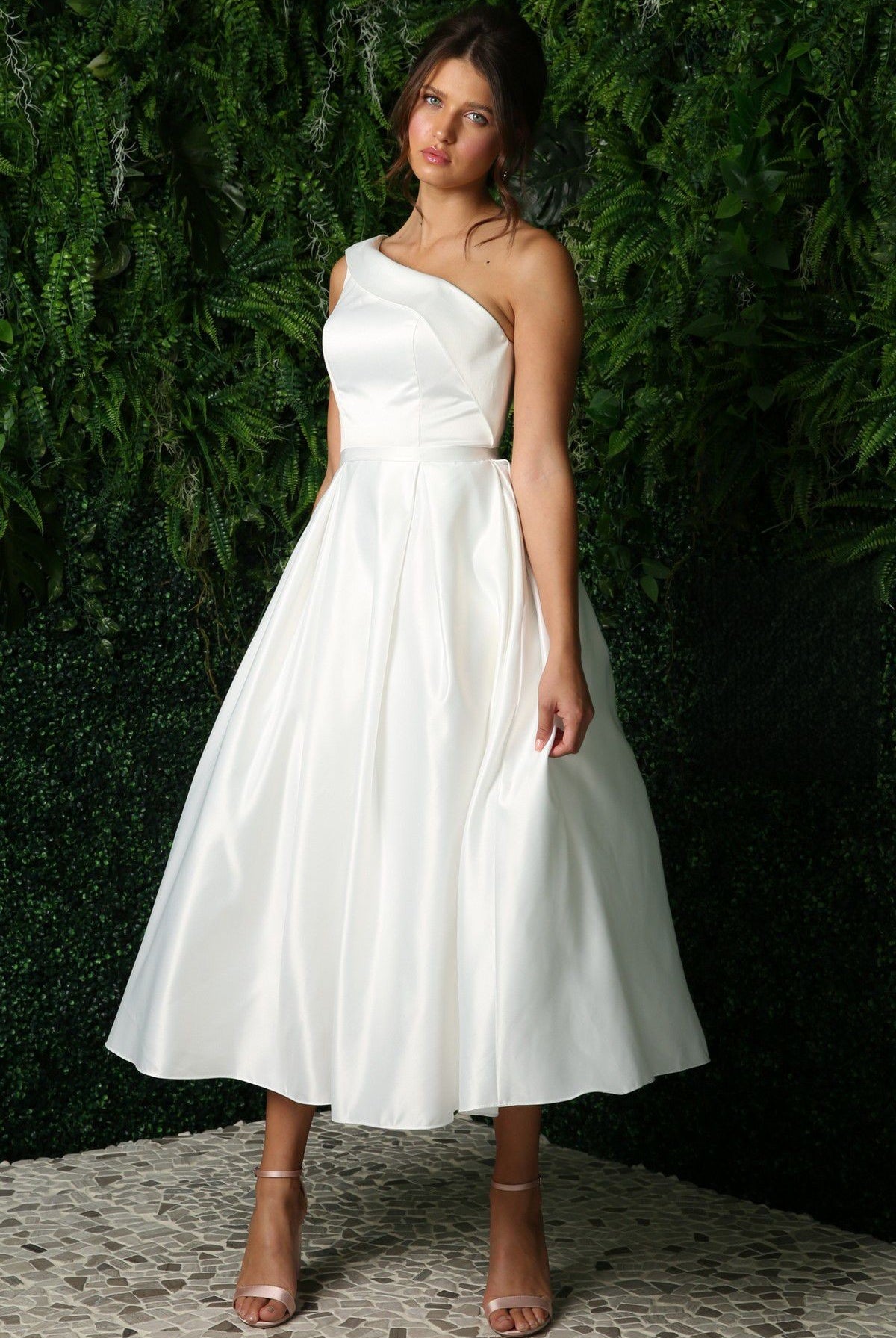 Satin One Shoulder Midi Wedding Dress-smcdress