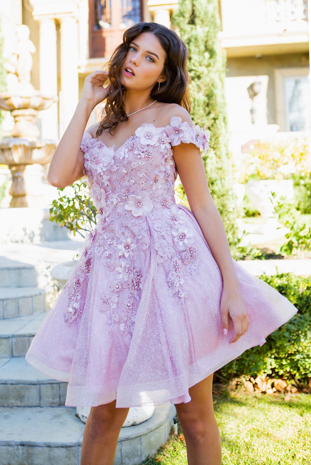 Beautiful 3D flower glitter off shoulder party dress-smcdress