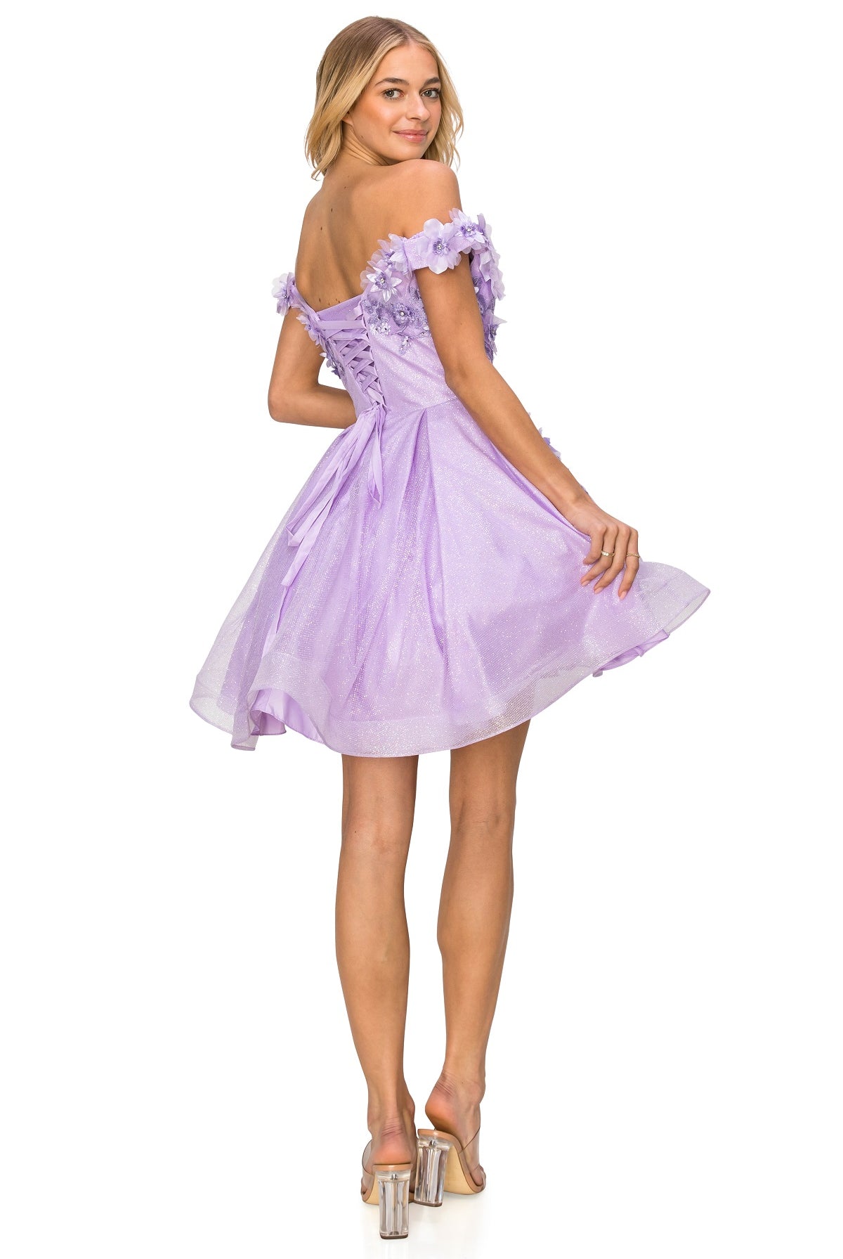 Beautiful 3D flower glitter off shoulder party dress-smcdress