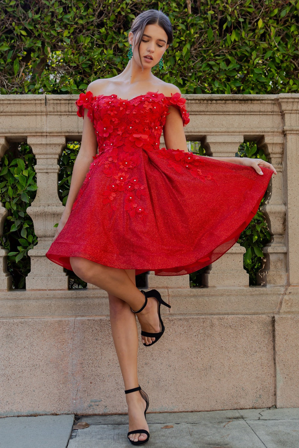 Beautiful 3D flower glitter off shoulder party dress-smcdress