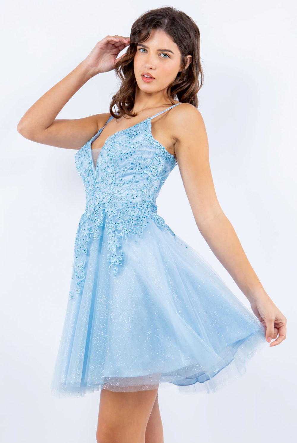Double spaghetti rhinestone embroidered tulle dress.-smcdress