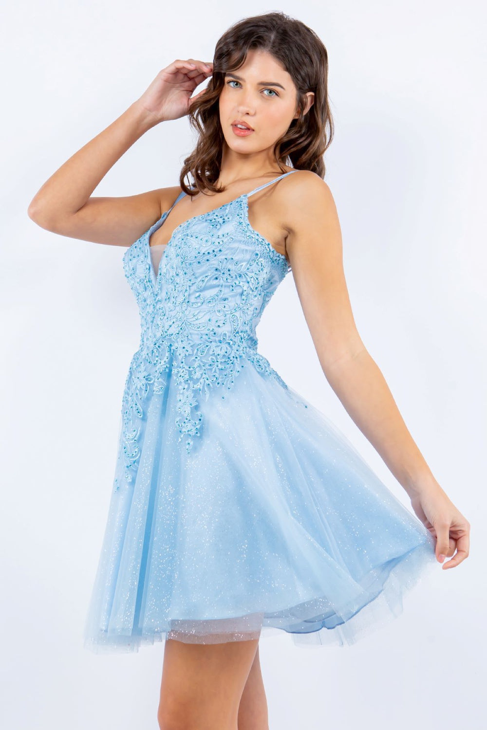 Double spaghetti rhinestone embroidered tulle dress.-smcdress