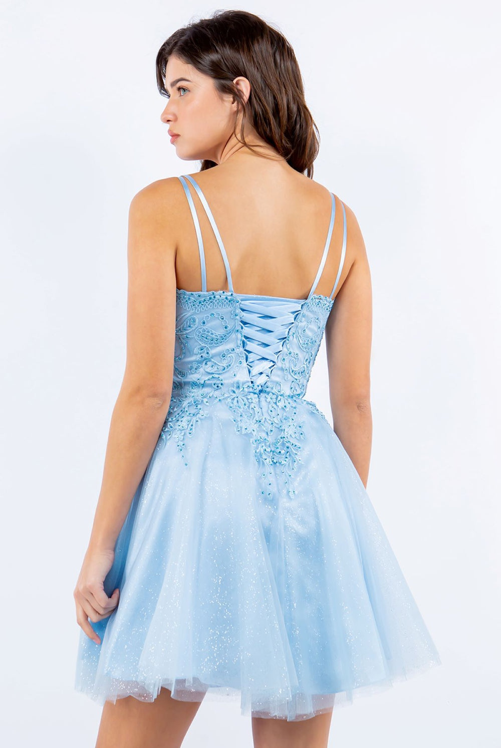 Double spaghetti rhinestone embroidered tulle dress.-smcdress