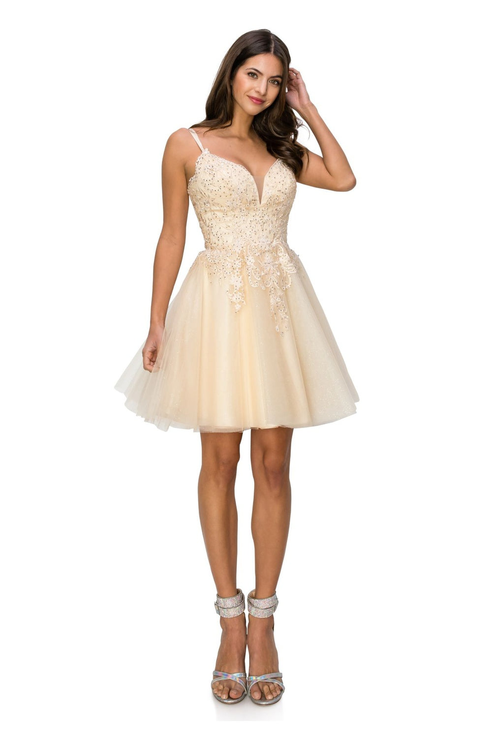 Double spaghetti rhinestone embroidered tulle dress.-smcdress