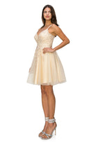 Double spaghetti rhinestone embroidered tulle dress.-smcdress