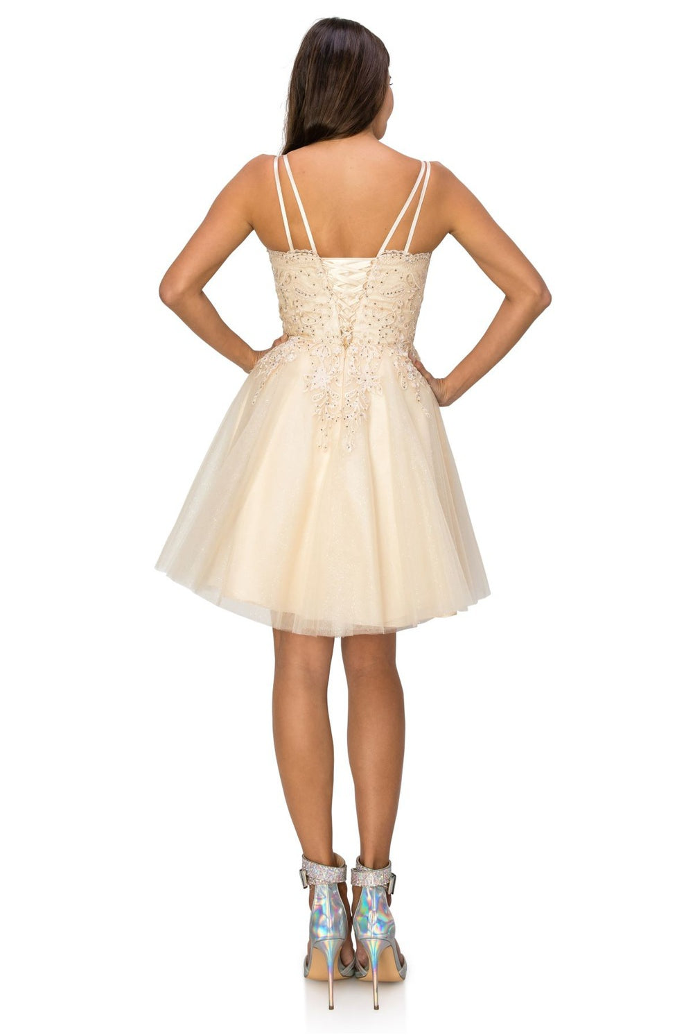 Double spaghetti rhinestone embroidered tulle dress.-smcdress