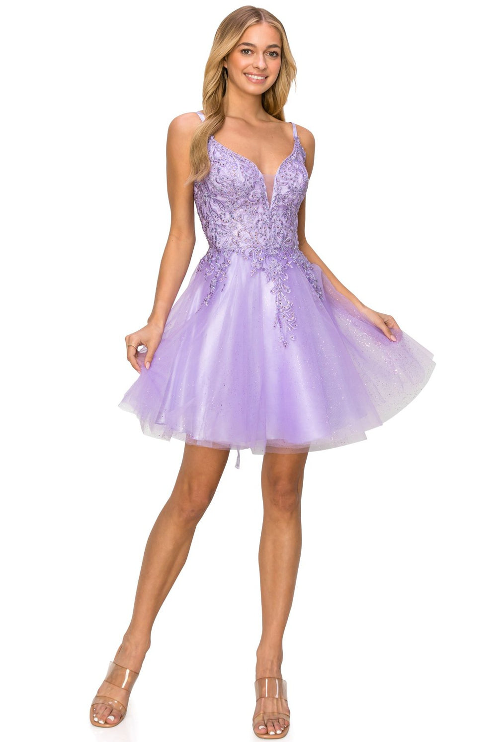 Double spaghetti rhinestone embroidered tulle dress.-smcdress