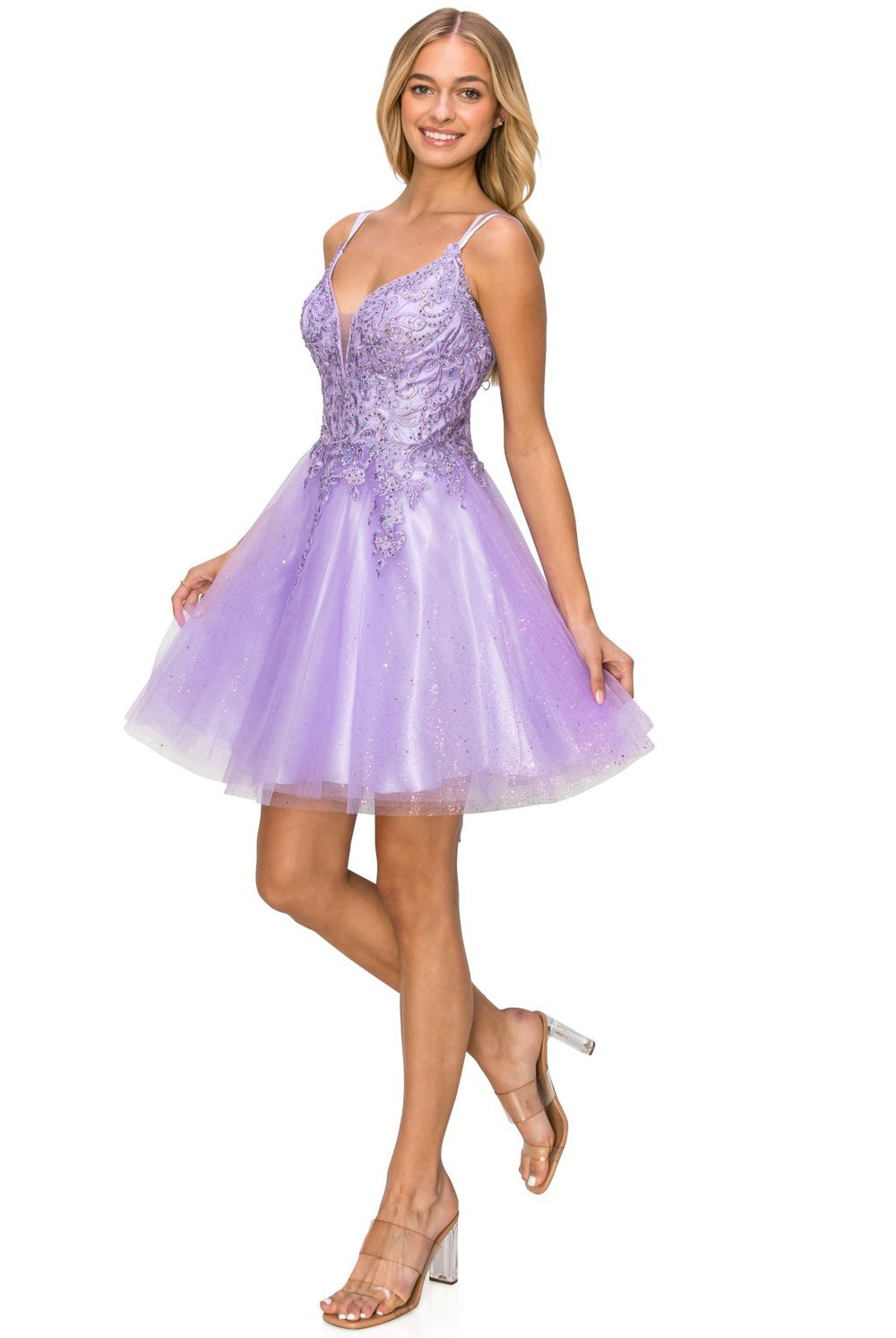 Double spaghetti rhinestone embroidered tulle dress.-smcdress