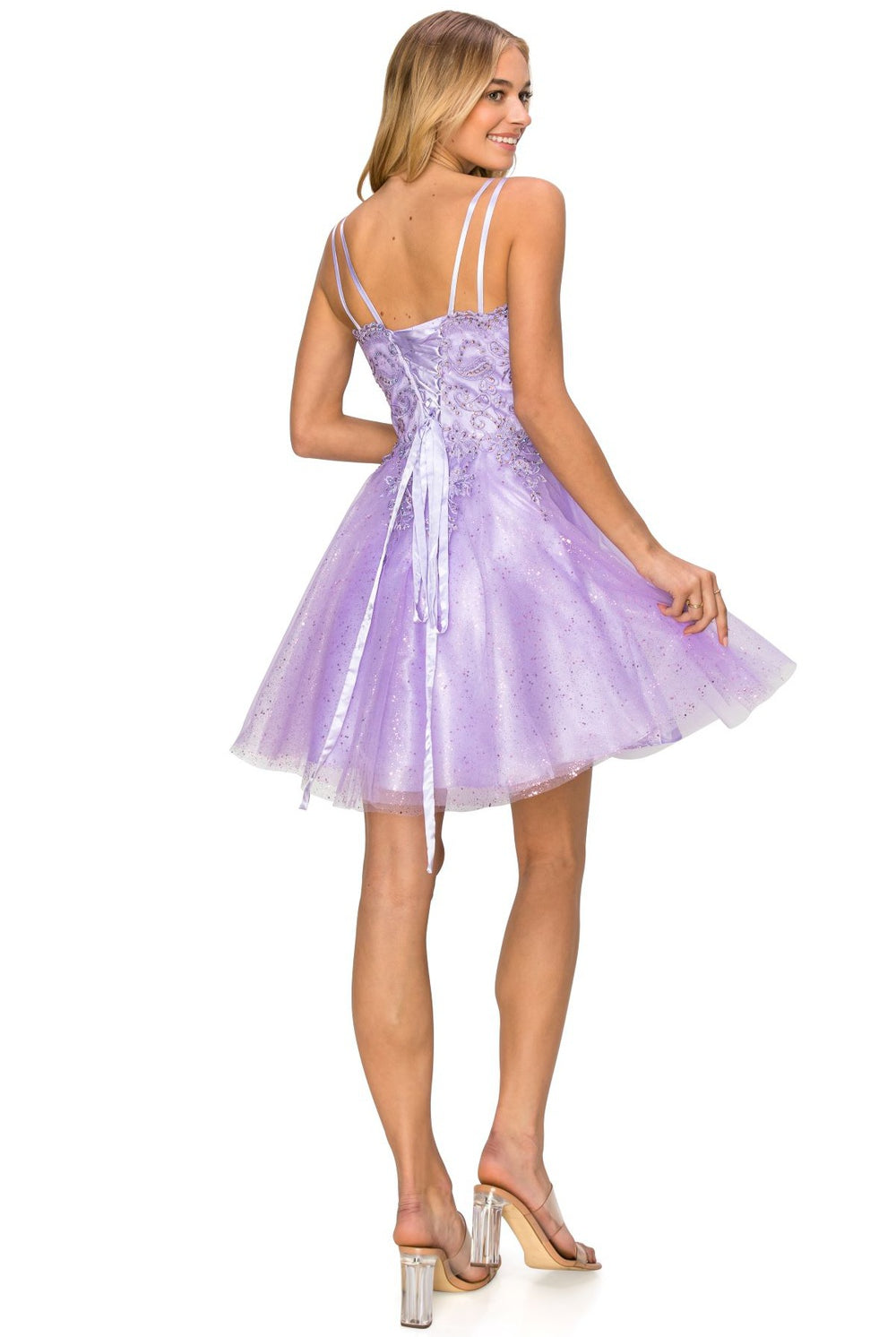 Double spaghetti rhinestone embroidered tulle dress.-smcdress