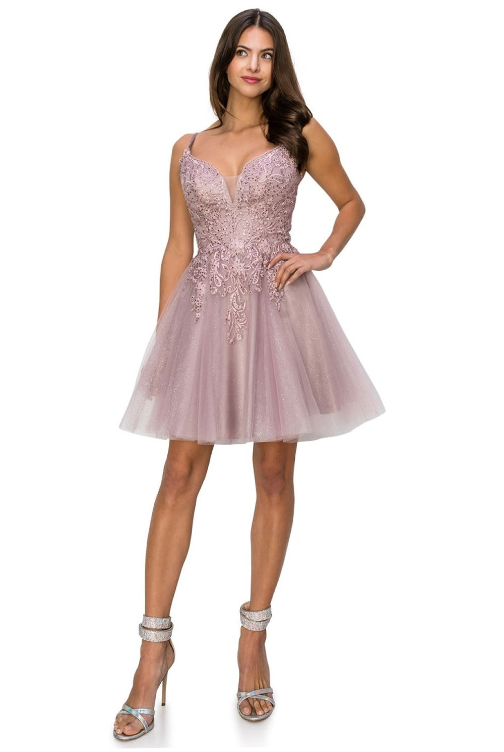Double spaghetti rhinestone embroidered tulle dress.-smcdress