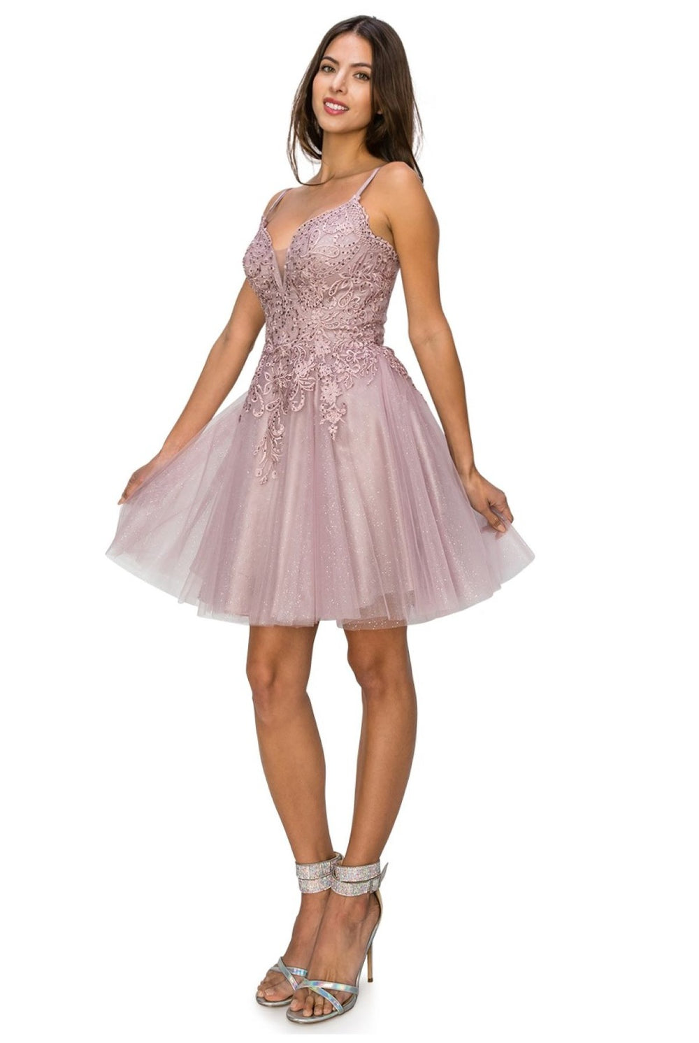 Double spaghetti rhinestone embroidered tulle dress.-smcdress