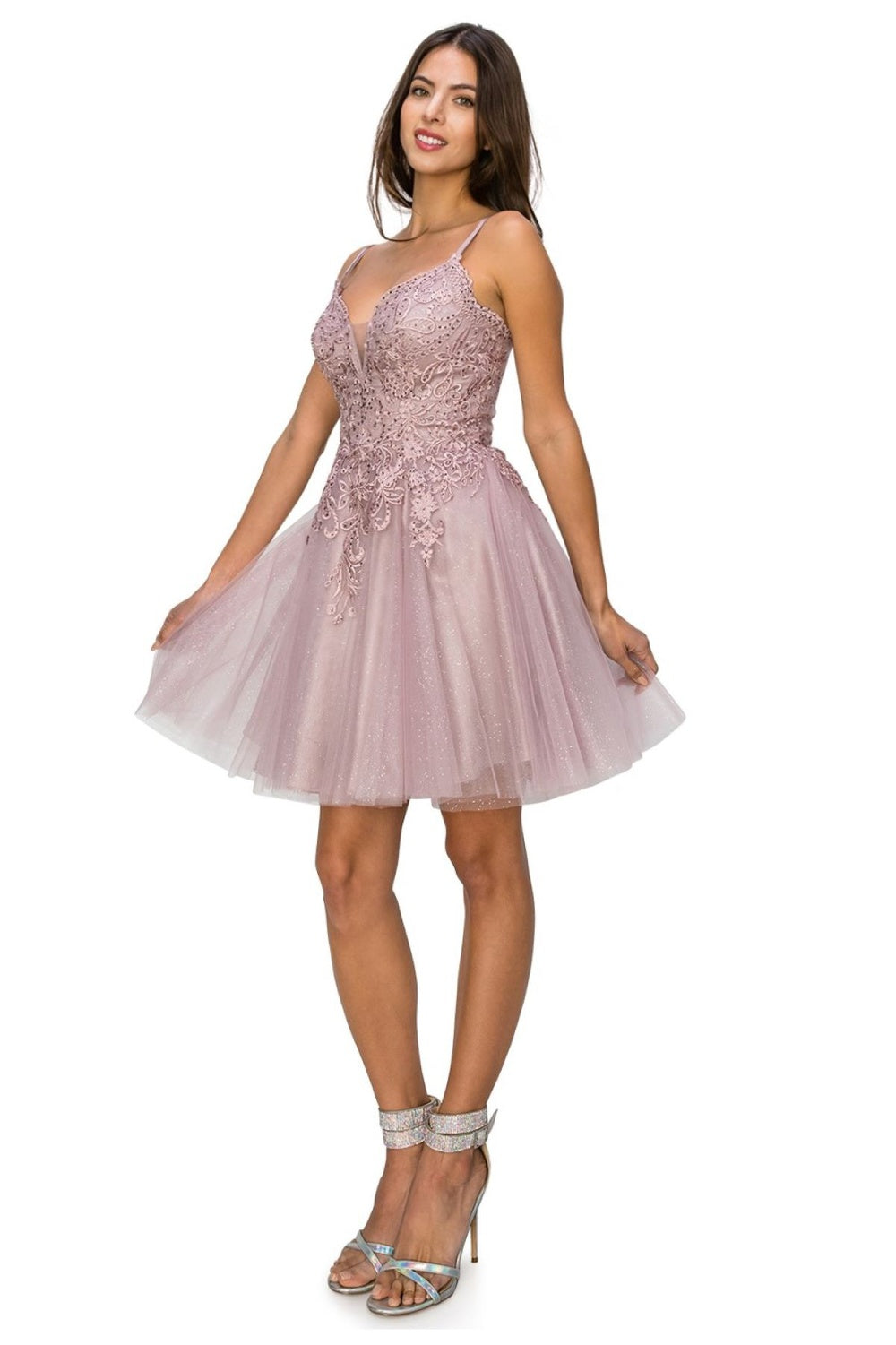 Double spaghetti rhinestone embroidered tulle dress.-smcdress