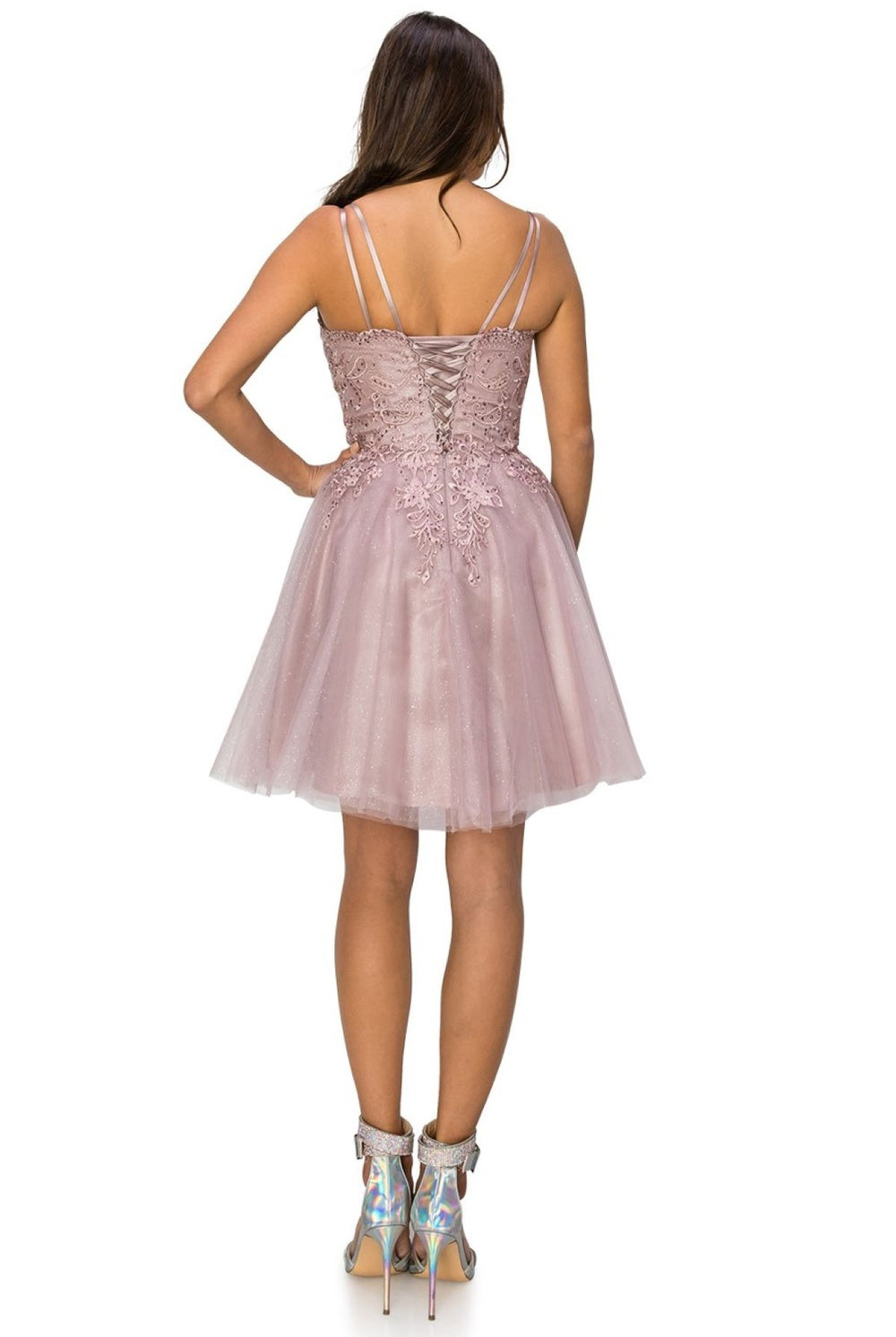 Double spaghetti rhinestone embroidered tulle dress.-smcdress