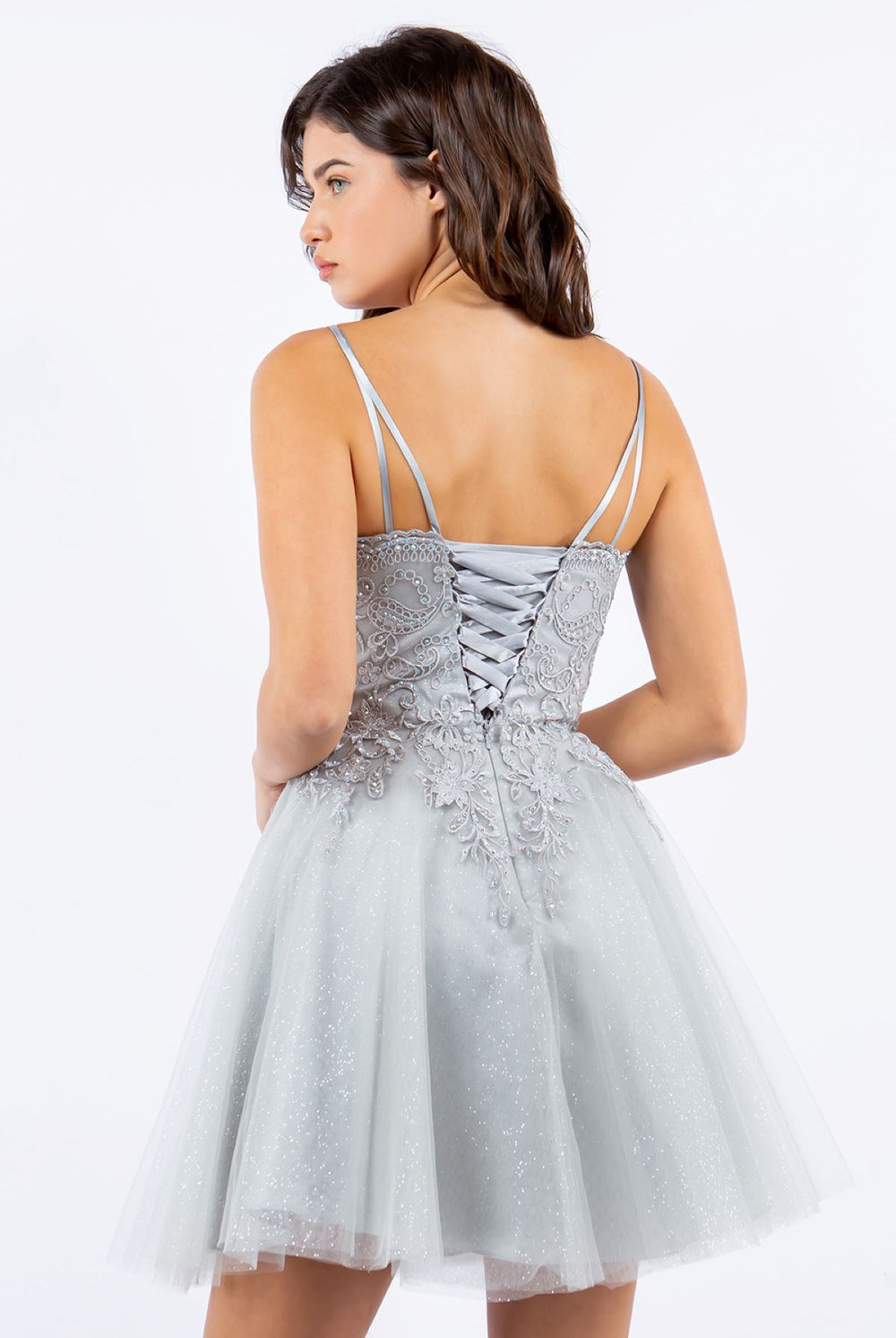 Double spaghetti rhinestone embroidered tulle dress.-smcdress