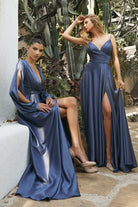 Satin V-Neck dress, Fitted on waist A-Line Skirt with High Leg Slit & Minimalism Style-smcdress