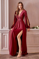 Satin V-Neck dress, Fitted on waist A-Line Skirt with High Leg Slit & Minimalism Style-smcdress