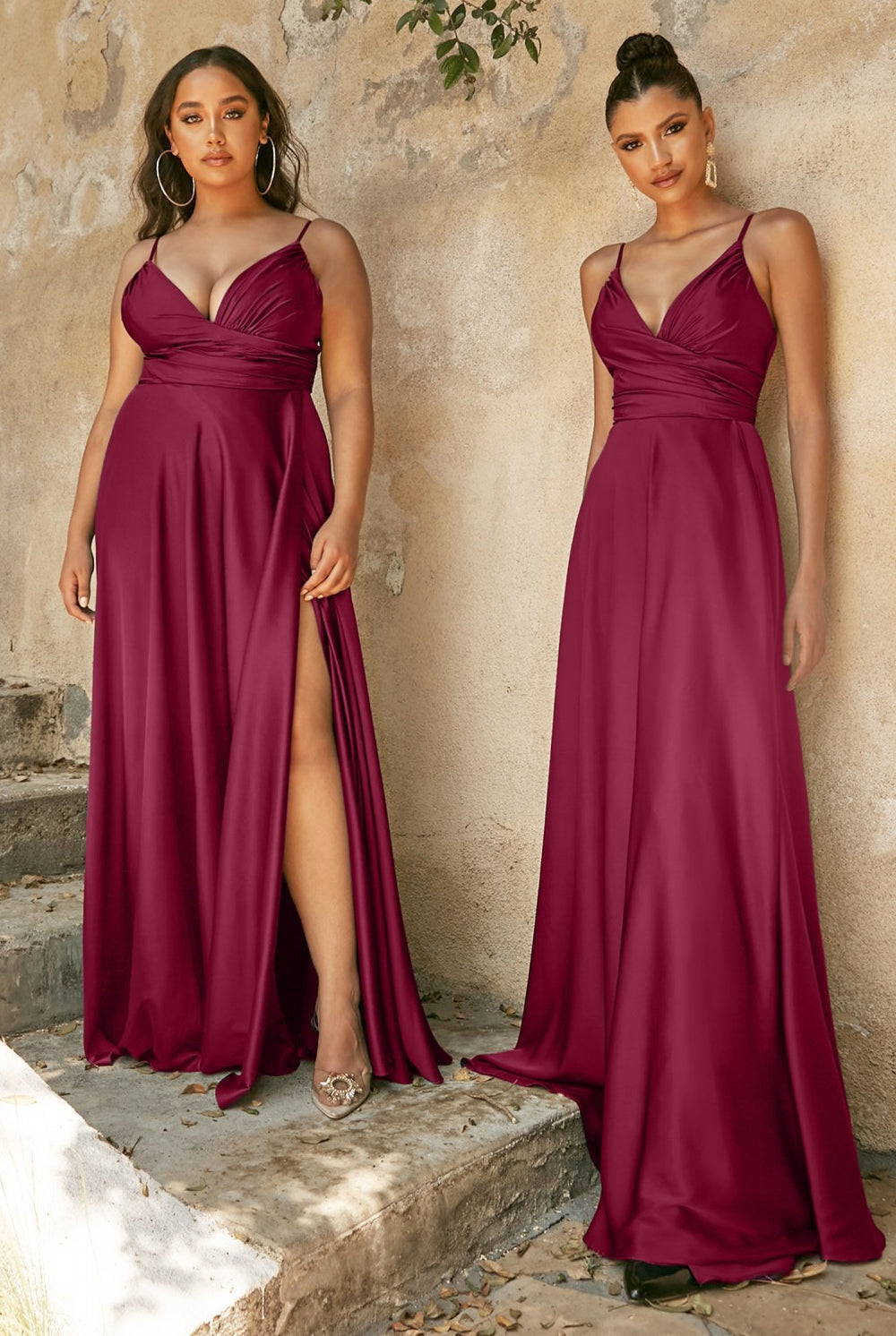 Bridesmaid Dresses with Deep V-Neck, Wrapped Bodice, and High Leg Slit-smcdress