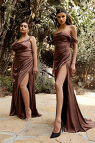 Satin High Leg Slit Gown with Open Back. Elegant Off-the-Shoulder Dress with Draped Bodice-smcdress