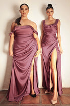 Satin High Leg Slit Gown with Open Back. Elegant Off-the-Shoulder Dress with Draped Bodice-smcdress