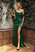 Satin Prom Gown: High Leg Slit, Off Shoulder, Draped Bodice, Open Back-smcdress