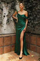 Satin High Leg Slit Gown with Open Back. Elegant Off-the-Shoulder Dress with Draped Bodice-smcdress