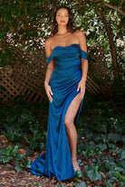 Satin High Leg Slit Gown with Open Back. Elegant Off-the-Shoulder Dress with Draped Bodice-smcdress