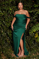 Soft Satin Gown: Elegant Prom & Bridesmaid Dresses, Gathered Fitted Bodice, Off/On Shoulder, High Leg Slit-smcdress