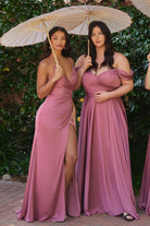 Pretty formal dress: Satin gala prom & bridesmaid dress, fitted & ruched, with v-neck & open back bodice-smcdress