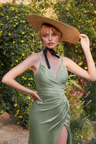 Pretty formal dress: Satin gala prom & bridesmaid dress, fitted & ruched, with v-neck & open back bodice-smcdress