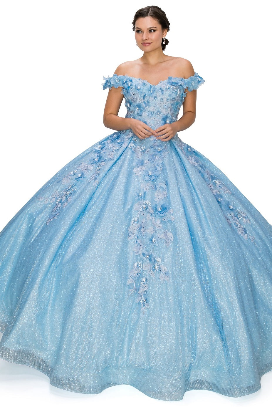 3D floral off shoulder ball gown with glitter skirt-smcdress