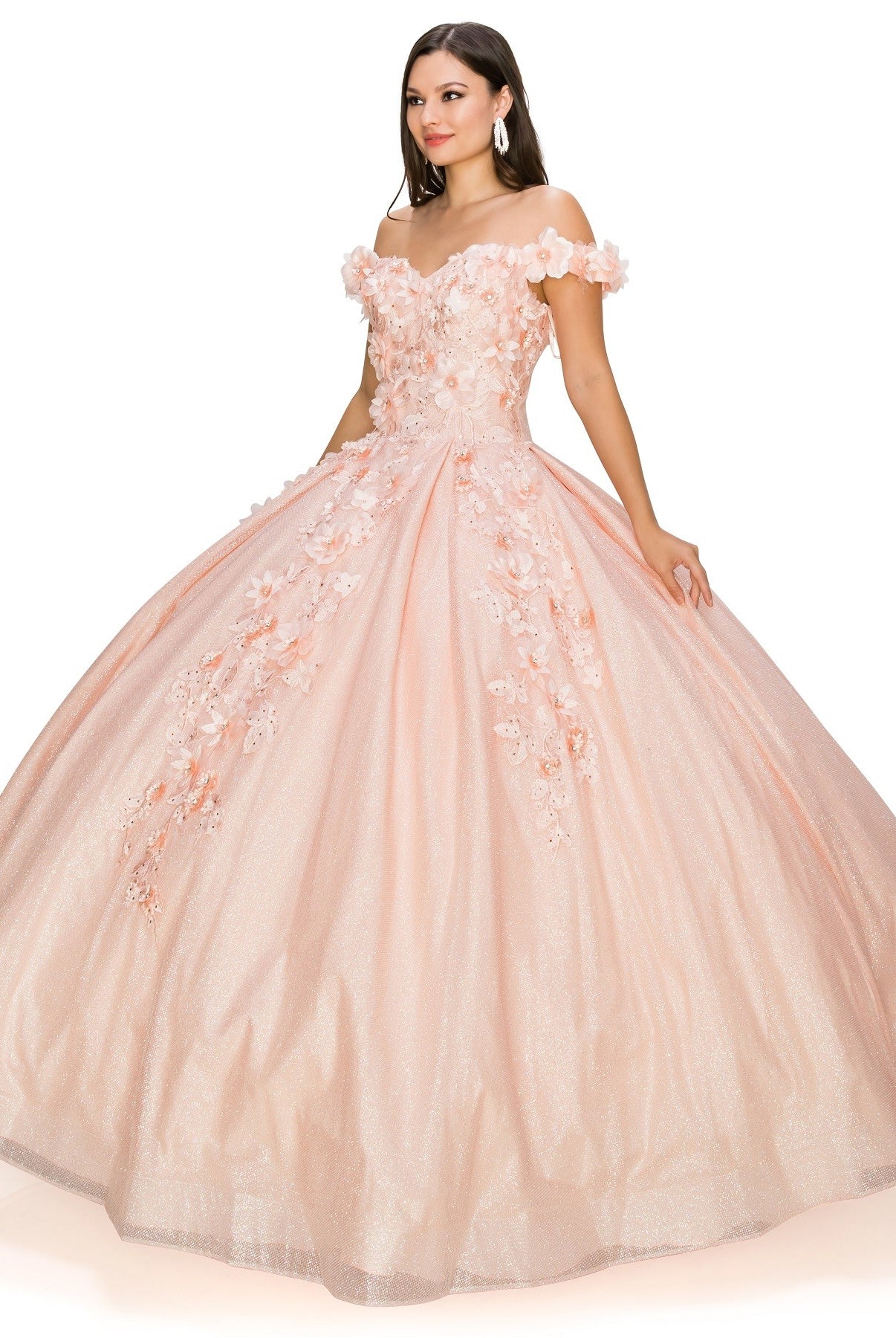 3D floral off shoulder ball gown with glitter skirt-smcdress