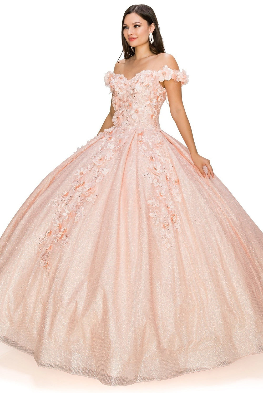 3D floral off shoulder ball gown with glitter skirt-smcdress