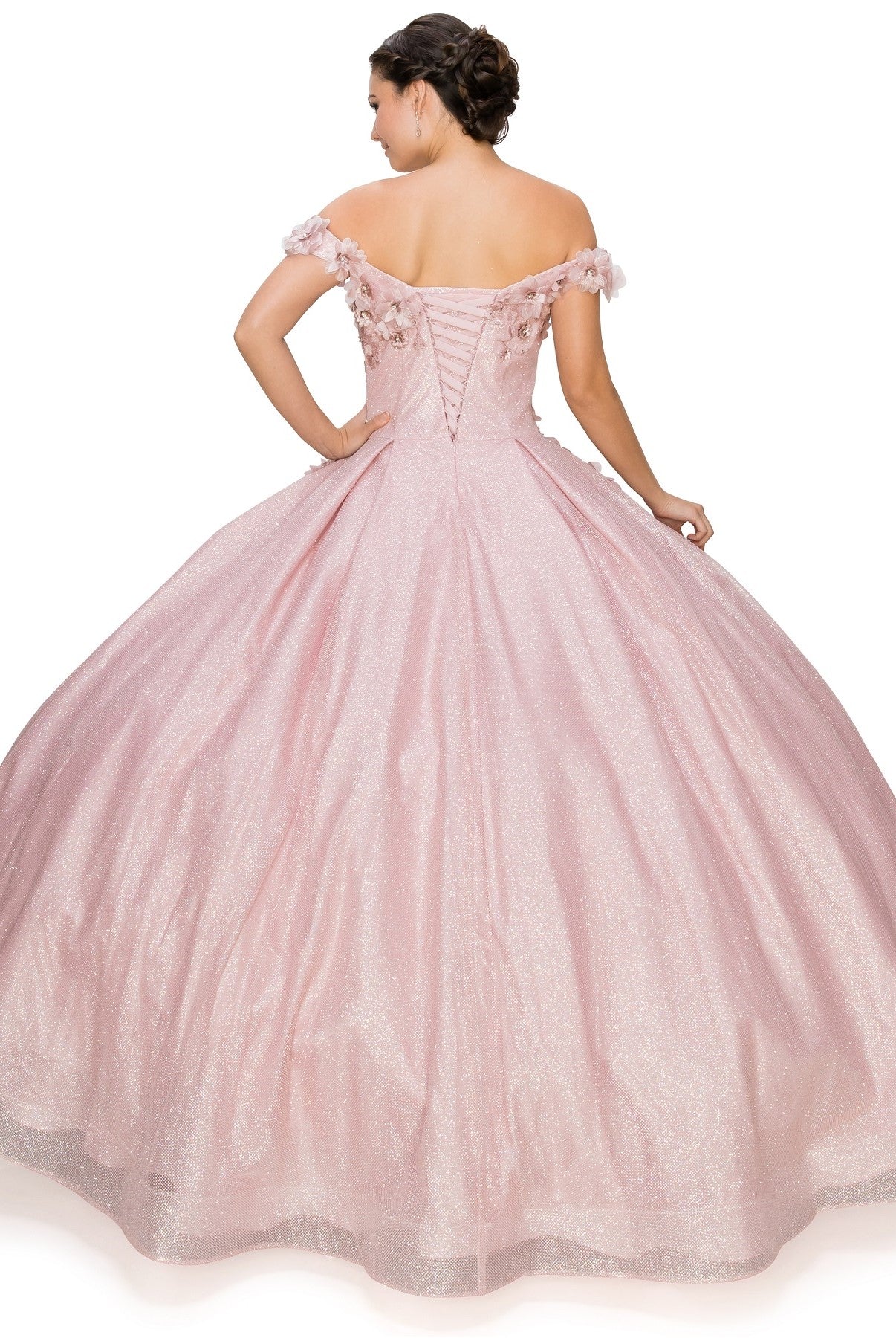3D floral off shoulder ball gown with glitter skirt-smcdress