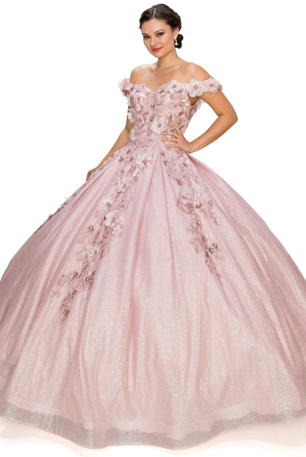 3D floral off shoulder ball gown with glitter skirt-smcdress