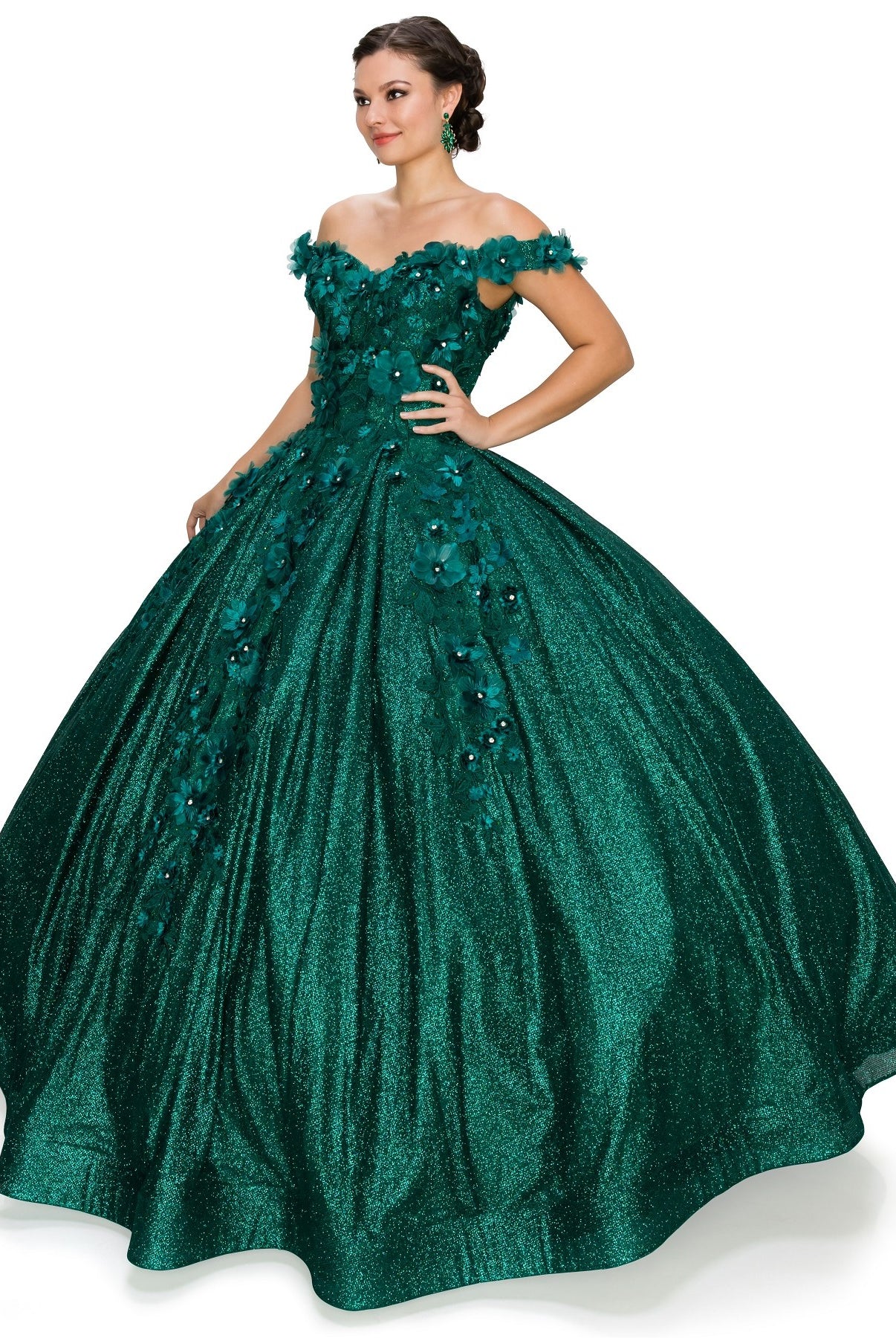3D floral off shoulder ball gown with glitter skirt-smcdress