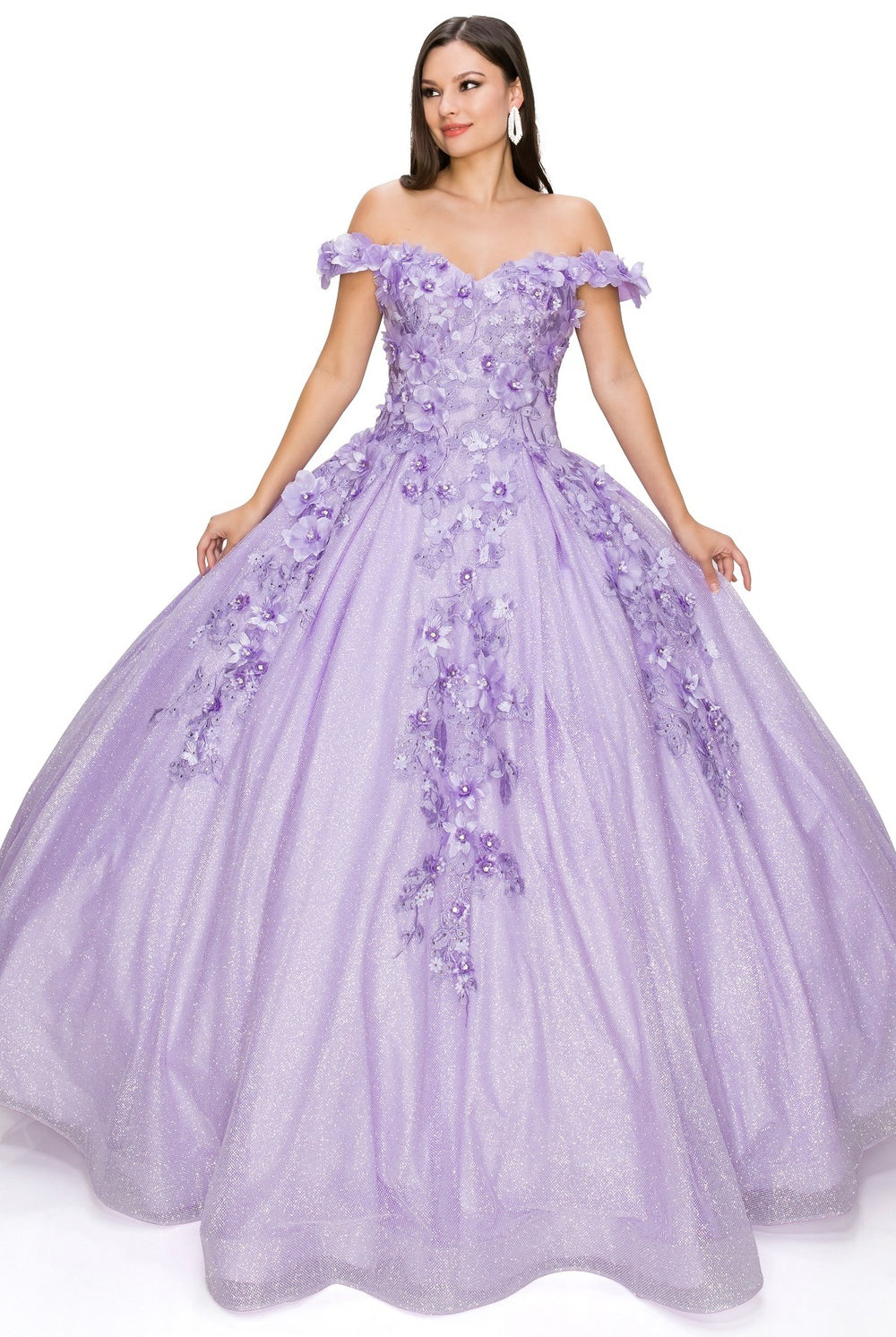 3D floral off shoulder ball gown with glitter skirt-smcdress