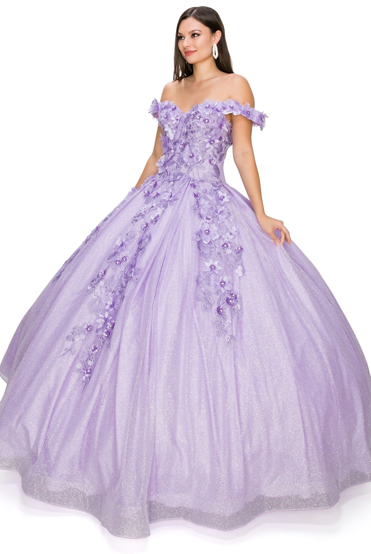 3D floral off shoulder ball gown with glitter skirt-smcdress
