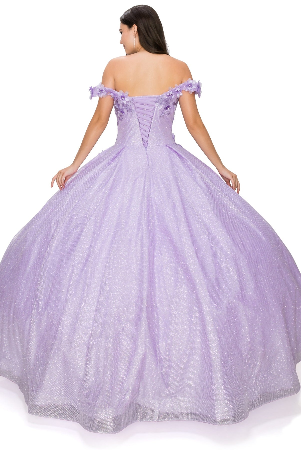 3D floral off shoulder ball gown with glitter skirt-smcdress