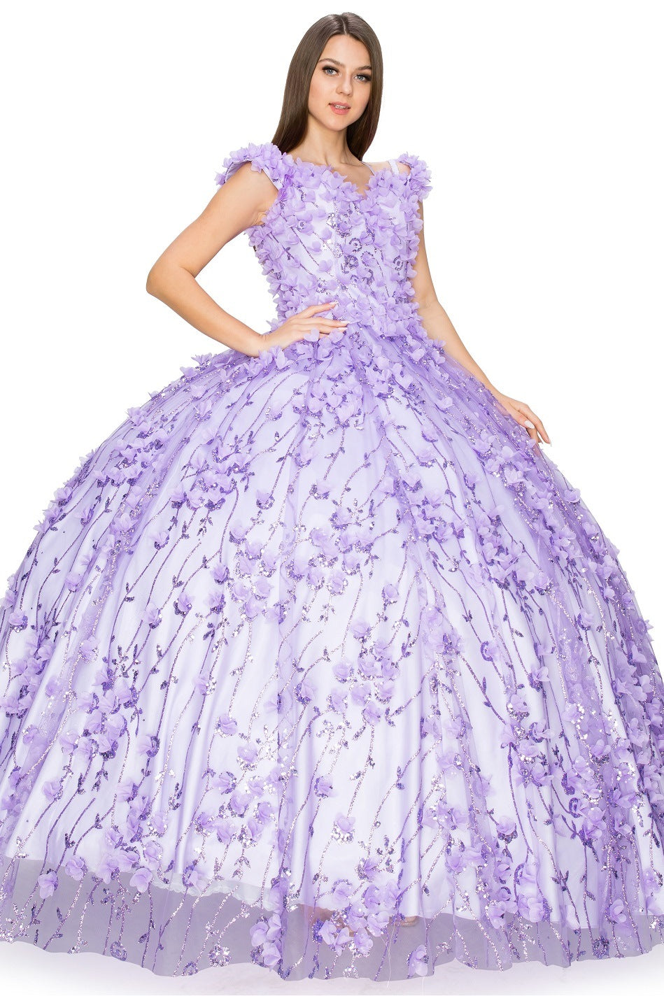 Lilac floral applique ball gown