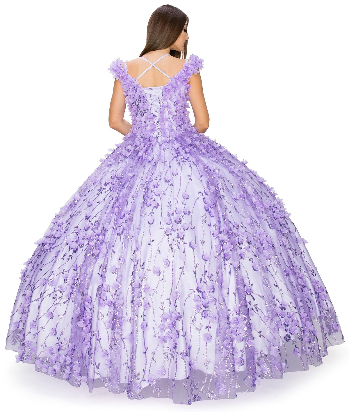 Back of lilac floral applique ball gown