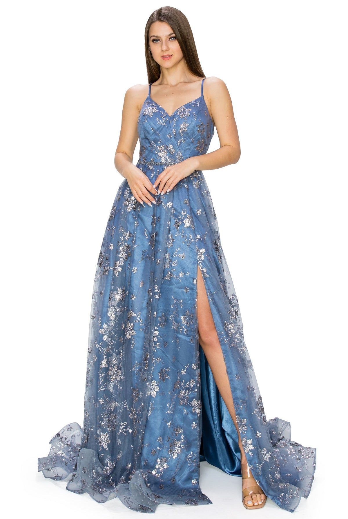Blue open back glitter dress alternative