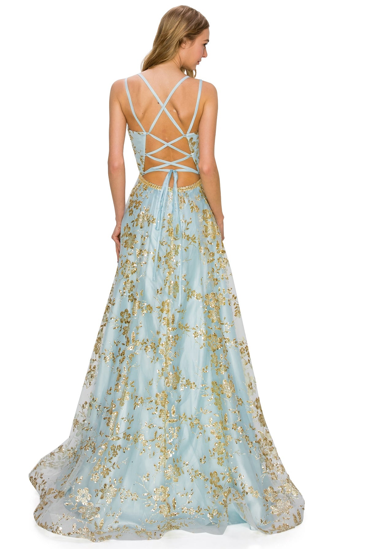 Back of dusty blue open back glitter dress