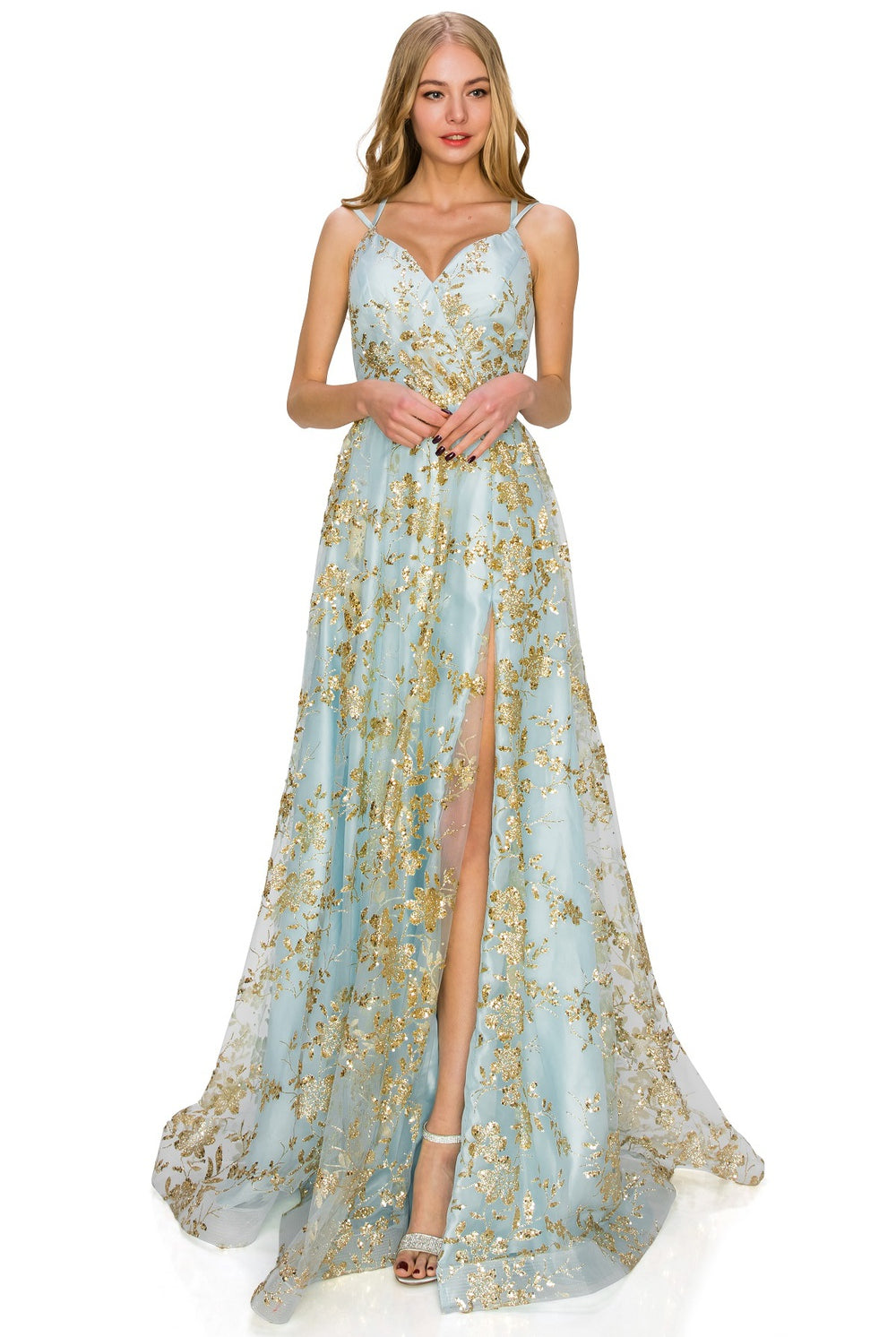 Dusty blue open back glitter dress