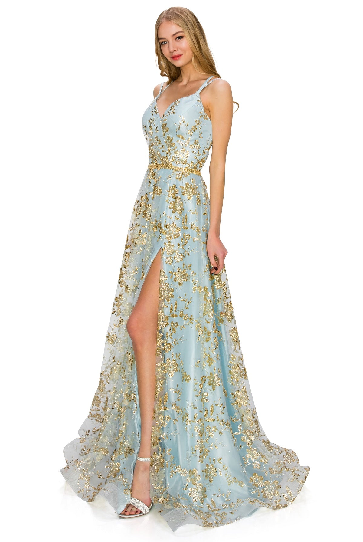 Dusty blue open back glitter dress alternative