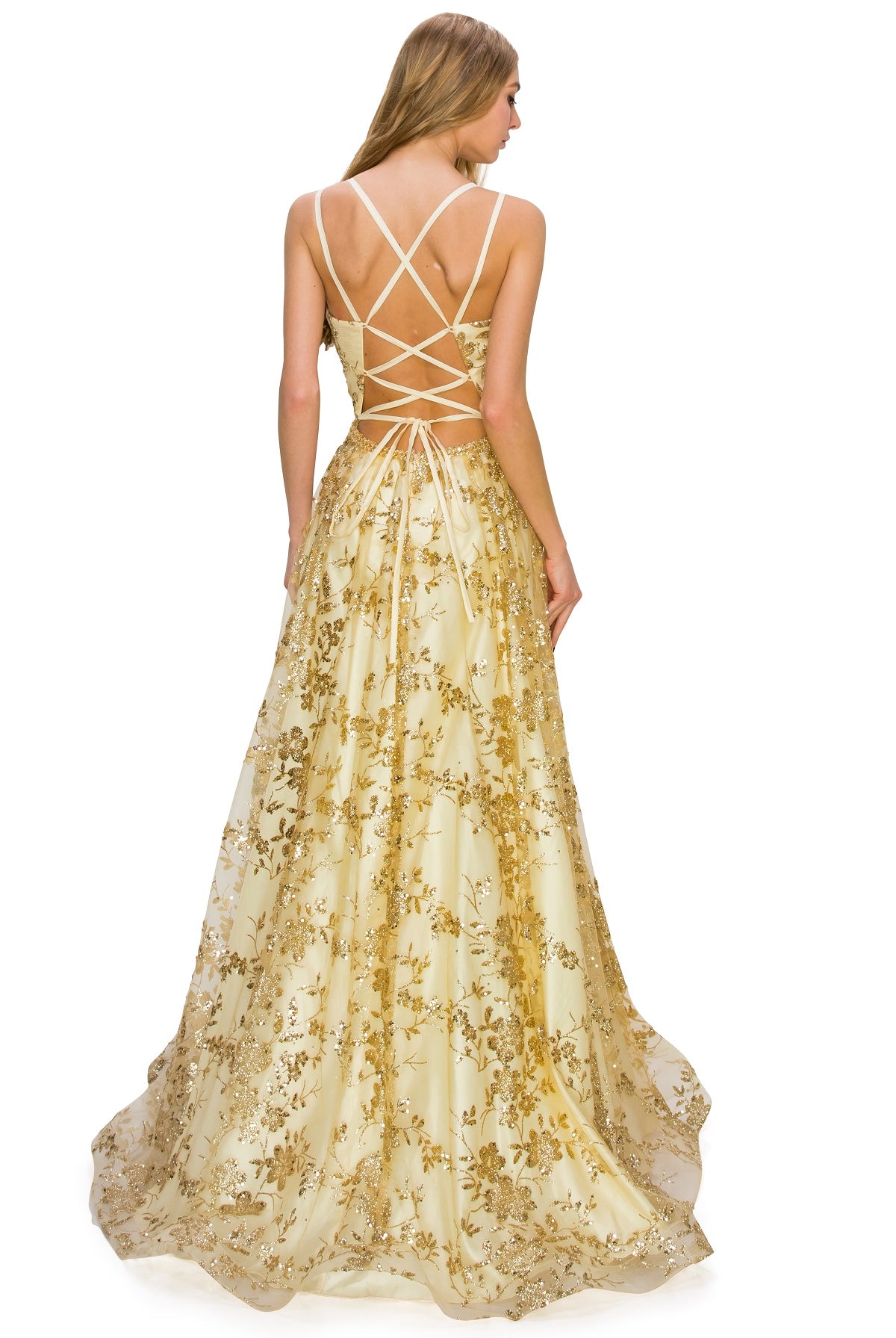 Back of champagne open back glitter dress